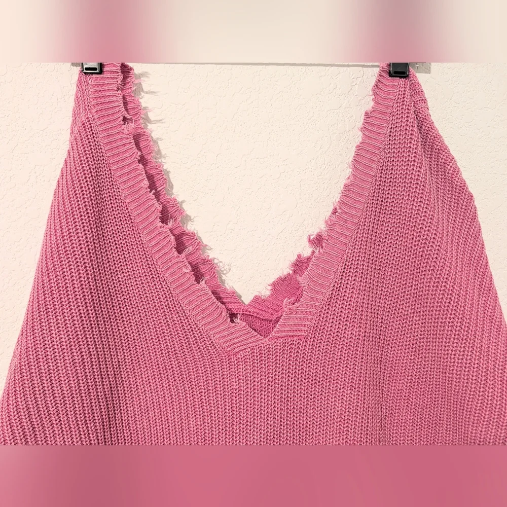 Vici Pink Ribbed 100% Cotton Distressed Frayed Drop Shoulder Slouchy Sweater - Picture 4 of 9